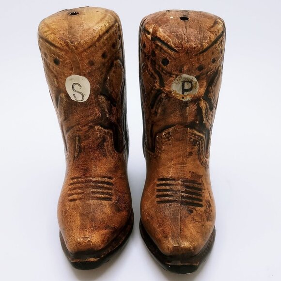 Salt & Pepper Shakers Set Ceramic Anthropomorphic Brown Cowboy Boots Vintage Set - Picture 4 of 16